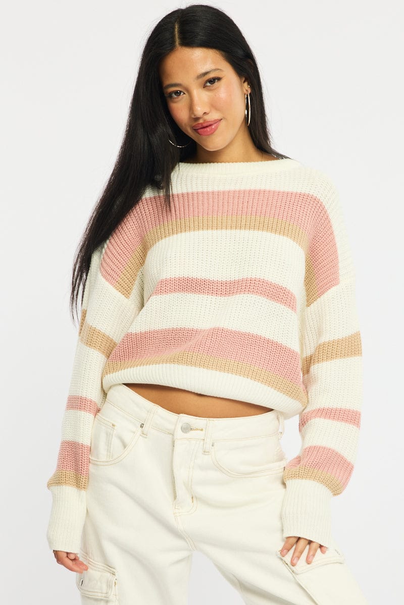Ally Fashion Purple Stripe Knit Top Long Sleeve Color Block