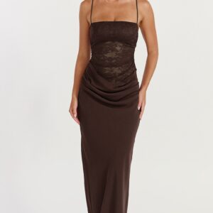 Showpo Rania Maxi Dress - Contrast Lace Bodice Bias Cowl Drop Waist Dress in Chocolate
