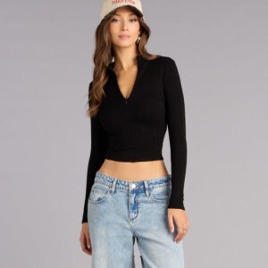 Ready To Move Mock Neck Zip Crop Top