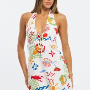 Red Abstract Halter Neck Dress Mini