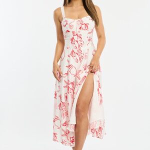 Red Abstract Midi Dress Gathered Bust