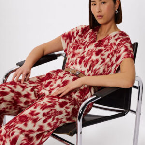 Red Blurred Floral Tie Jumpsuit