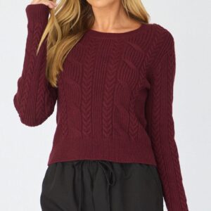 Red Cable Knit Top Long Sleeve Crew Neck