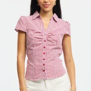 Red Check Button Up Shirt Short Sleeve Collared Tie Back