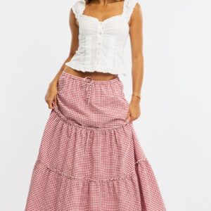Red Check Tiered Maxi Skirt Elastic Waist Lined