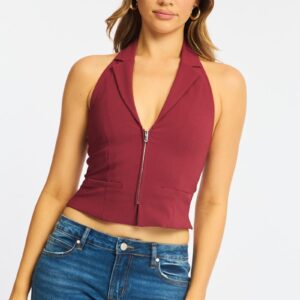 Ally Fashion Red Collared Front Zip Halter Top Red Collared Front Zip Halter Top