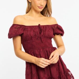 Ally Fashion Red Fit And Flare Dress Puff Sleeve