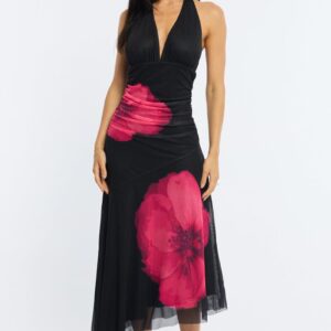 Ally Fashion Red Floral Halter Neck Midi Dress Red Floral Halter Neck Midi Dress