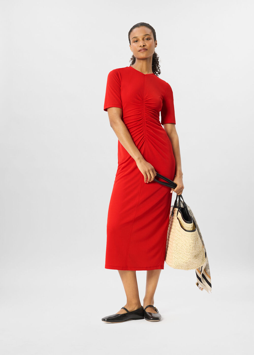 Red Gathered Jersey Midi Dress - Image 2