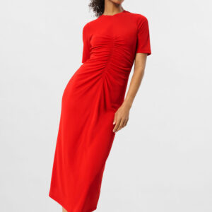 Red Gathered Jersey Midi Dress