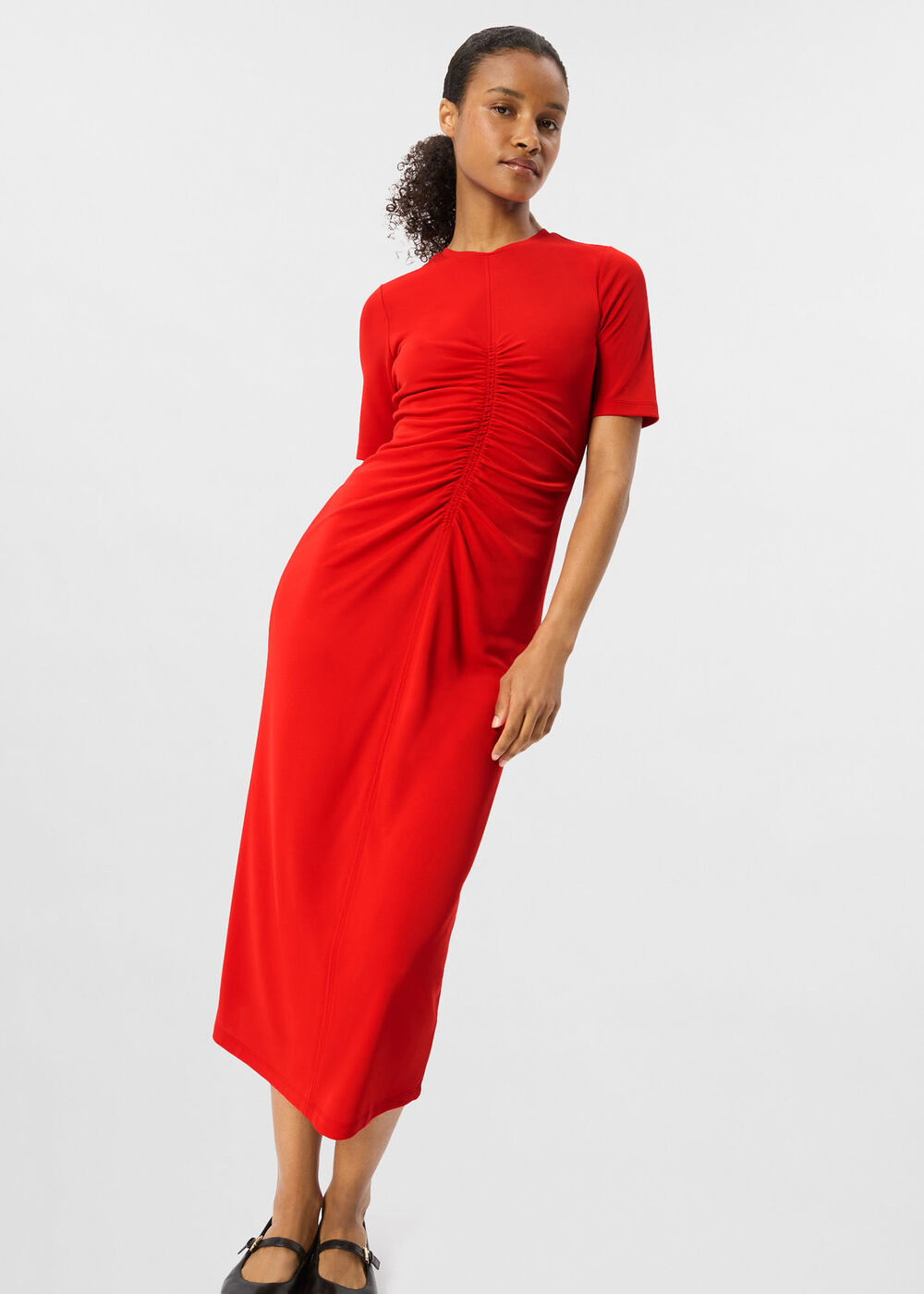Red Gathered Jersey Midi Dress
