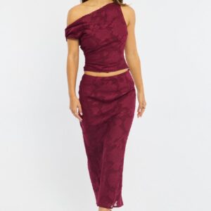 Red Maxi Skirt High Rise Textured Lined