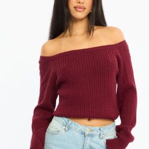 Red Off Shoulder Knit Jumper Cable Design
