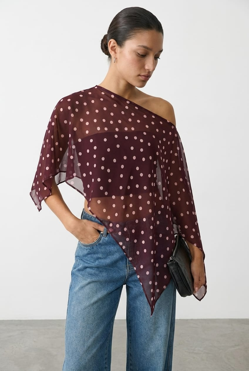 Ally Fashion Red Polka Dot Chiffon Poncho Off Shoulder Polka Dot