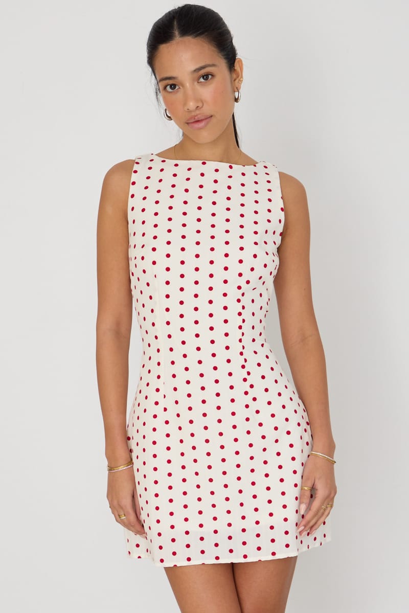 Ally Fashion Red Polka Dot Mini Dress Boat Neck
