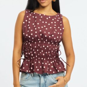 Red Polka Dot Ruched Top Sleeveless Boat Neck Bow Details