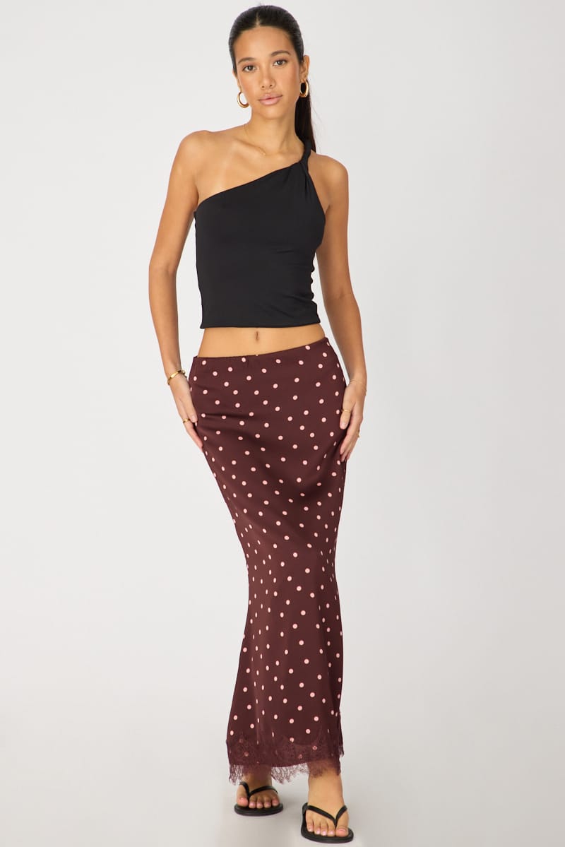 Ally Fashion Red Polka Dot Satin Midaxi Skirt Elastic Waist Bias Cut Lined