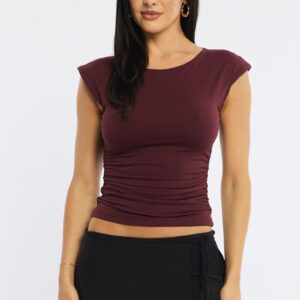 Red Ruched Cap Sleeve Tee