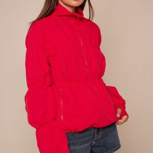 PrettyLittleThing RED Ruched Zip Through Windbreaker