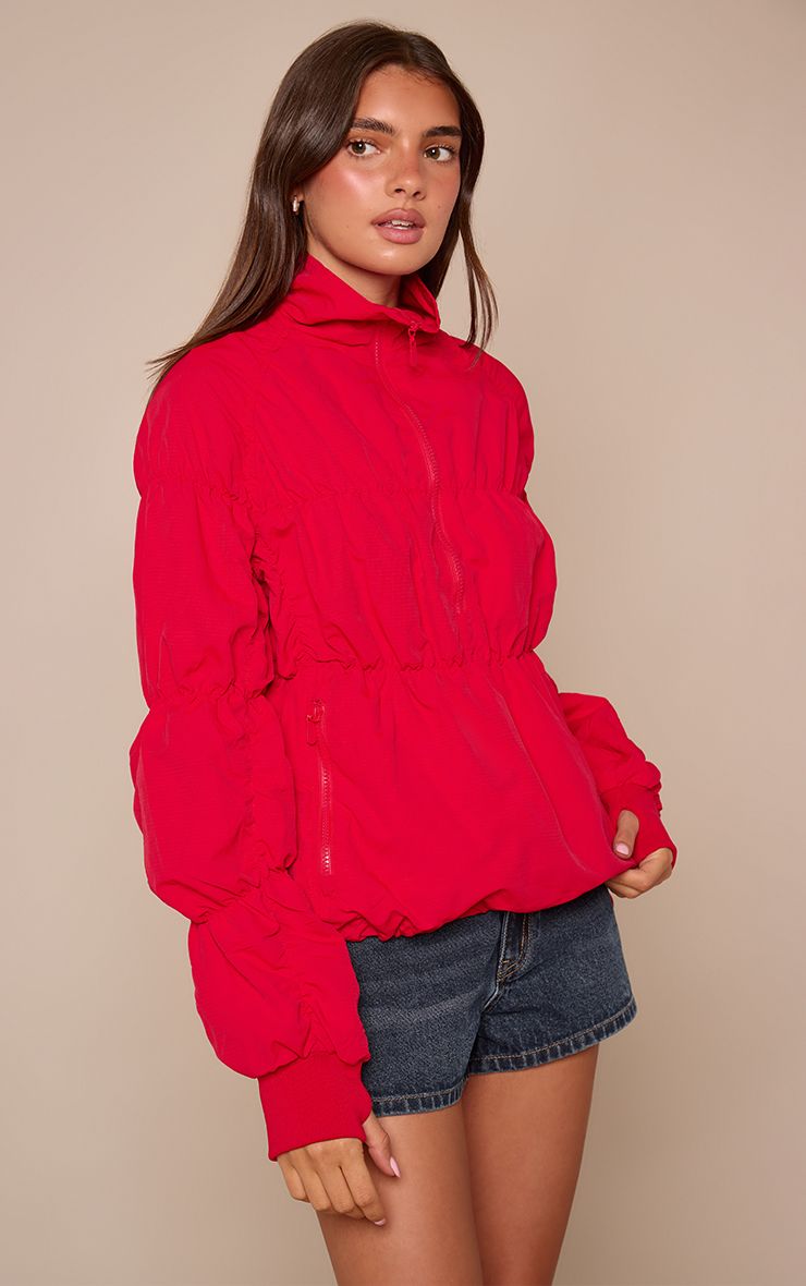 PrettyLittleThing RED Ruched Zip Through Windbreaker