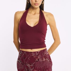 Red Sequins Mini Skirt Mid Rise Lined