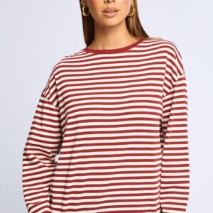 Red Stripe Striped Top Crew Neck Long Sleeve