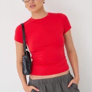 Ally Fashion Red T-shirt Short Sleeve Crew Neck Modal