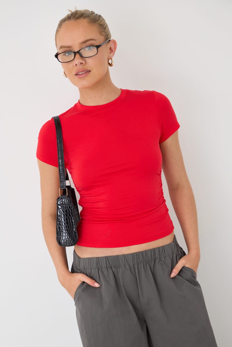Ally Fashion Red T-shirt Short Sleeve Crew Neck Modal