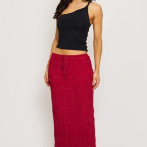 Red Textured Maxi Skirt Elastic Waist Lined