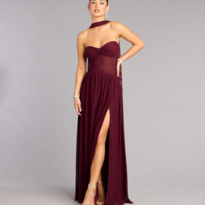 Windsor Rhea Mesh Strapless A-Line Dress With Scarf Rhea Mesh Strapless A-Line Dress With Scarf