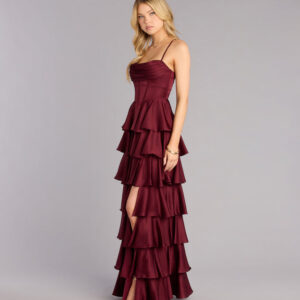 Rose Satin Ruffle A-Line Formal Dress