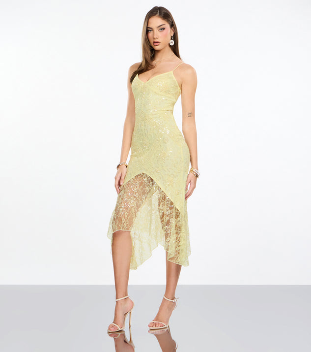 Windsor Roxie Beaded Lace Asymmetrical Midi Dress