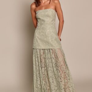 PrettyLittleThing Sage Lace Sheer Skirt Panel Bandeau Midaxi Dress