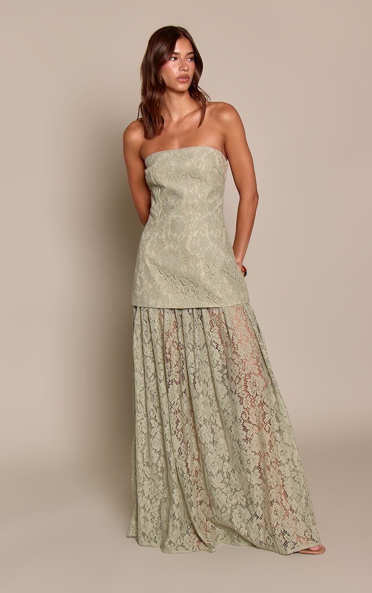 PrettyLittleThing Sage Lace Sheer Skirt Panel Bandeau Midaxi Dress