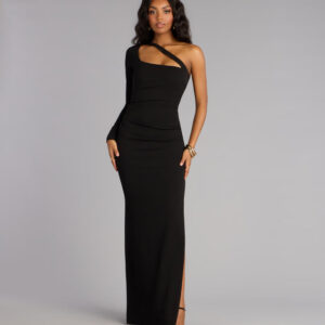 Windsor Sam Crepe One-Shoulder Slit Formal Dress Sam Crepe One-Shoulder Slit Formal Dress