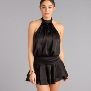 Windsor Sashay In Satin Halter Ruffle Mini Dress