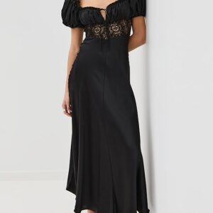 Satin Bias Dress with Gathered Bust and Black Lace Detail
