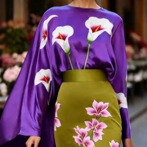 stylewe Satin Elegant Floral Printing Crew Neck Raglan Sleeves Blouse Satin Elegant Floral Printing Crew Neck Raglan Sleeves Blouse