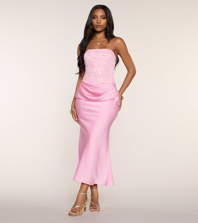 Windsor Satin Glow Strapless Beaded Midi Dress