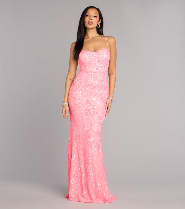 Windsor Savanna Floral Sequin Lace-Up Formal Dress
