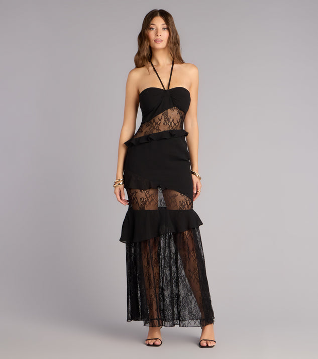 Windsor Save the Date Lace Halter Ruffle Maxi Dress