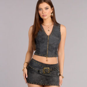 Windsor Serving Cool Studded Zip-Front Faux Leather Vest Top Serving Cool Studded Zip-Front Faux Leather Vest Top
