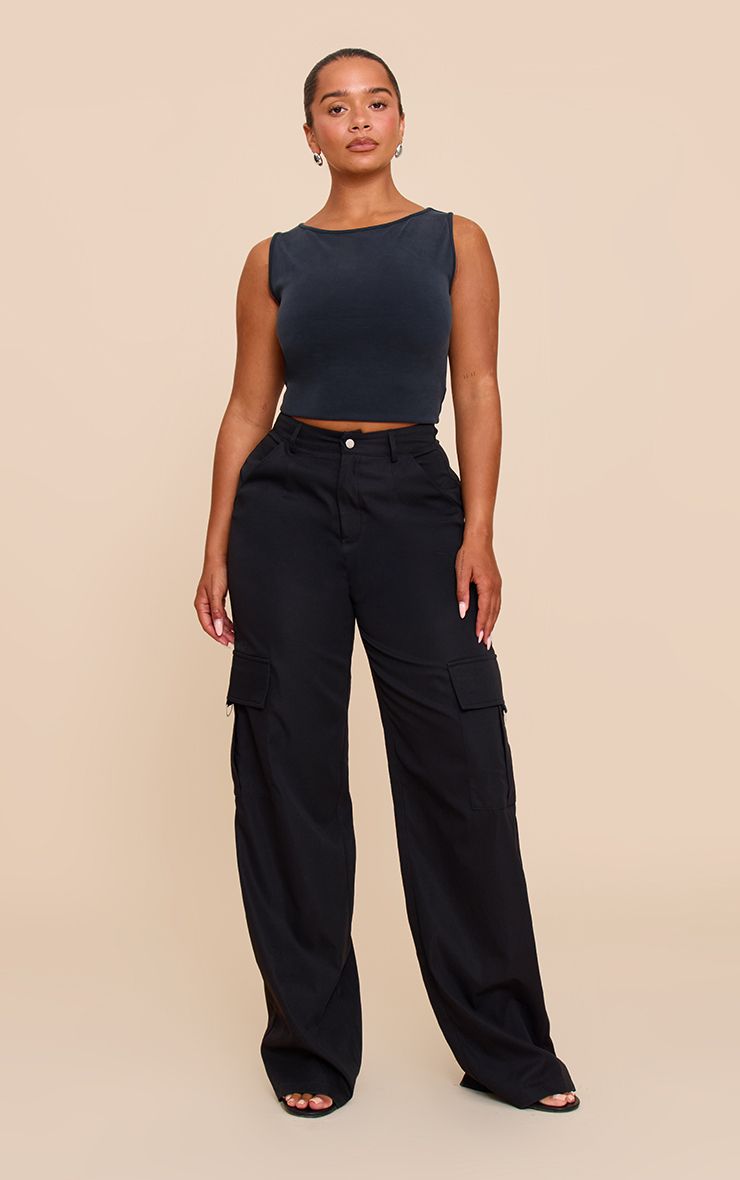 PrettyLittleThing Shape Black Buckle Cargo Wide Leg Trousers