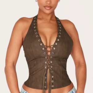 PrettyLittleThing Shape BLACK Faux Leather Halter Neck Lace Up Corset