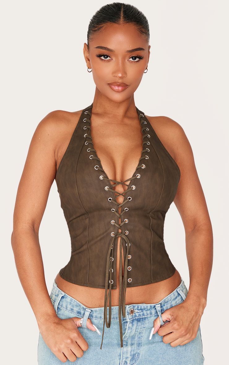 PrettyLittleThing Shape BLACK Faux Leather Halter Neck Lace Up Corset