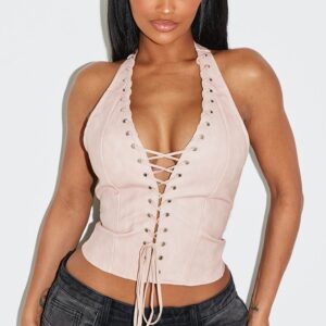 PrettyLittleThing Shape BLACK Faux Leather Halter Neck Lace Up Corset