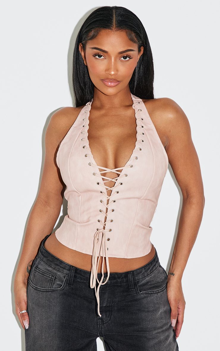 PrettyLittleThing Shape BLACK Faux Leather Halter Neck Lace Up Corset
