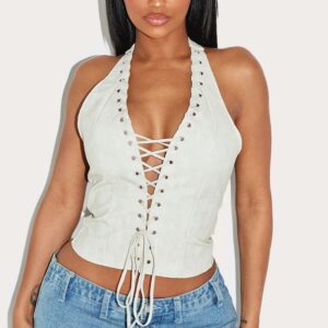 PrettyLittleThing Shape BLACK Faux Leather Halter Neck Lace Up Corset