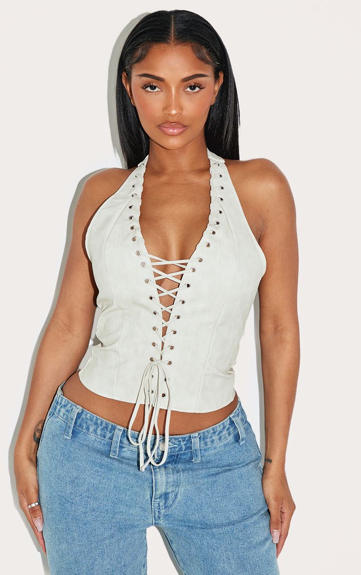 PrettyLittleThing Shape BLACK Faux Leather Halter Neck Lace Up Corset