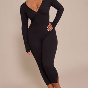 PrettyLittleThing Shape Black Sculpt Long sleeve wrap V neck Capri Jumpsuit